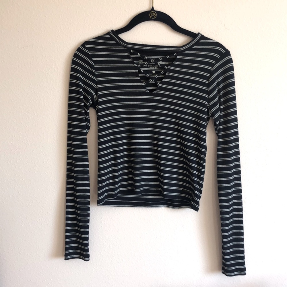 Hollister Navy White Striped Crop Long Sleeve